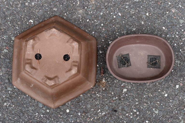 Bonsai pot bases showing drainage holes covered with mesh screens