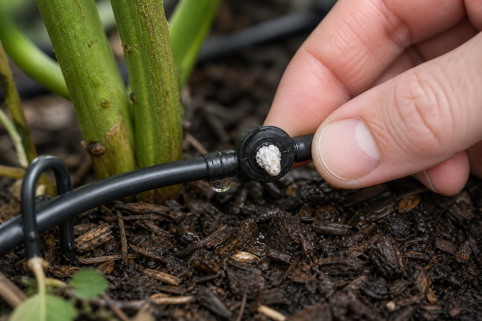 Drip irrigation emitter in a garden bed being inspected for clogging