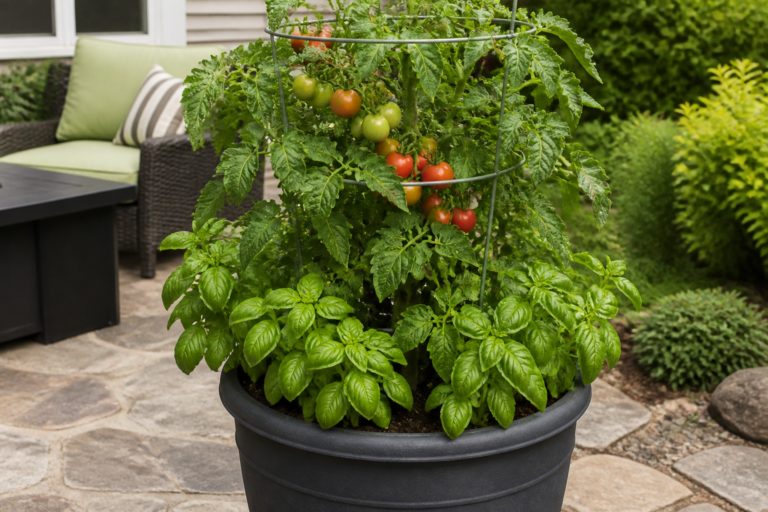 Tomato plant and basil growing together in a large patio container