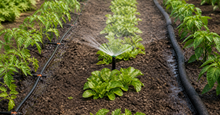 Drip irrigation line, sprinkler head, and soaker hose laid out in a garden bed